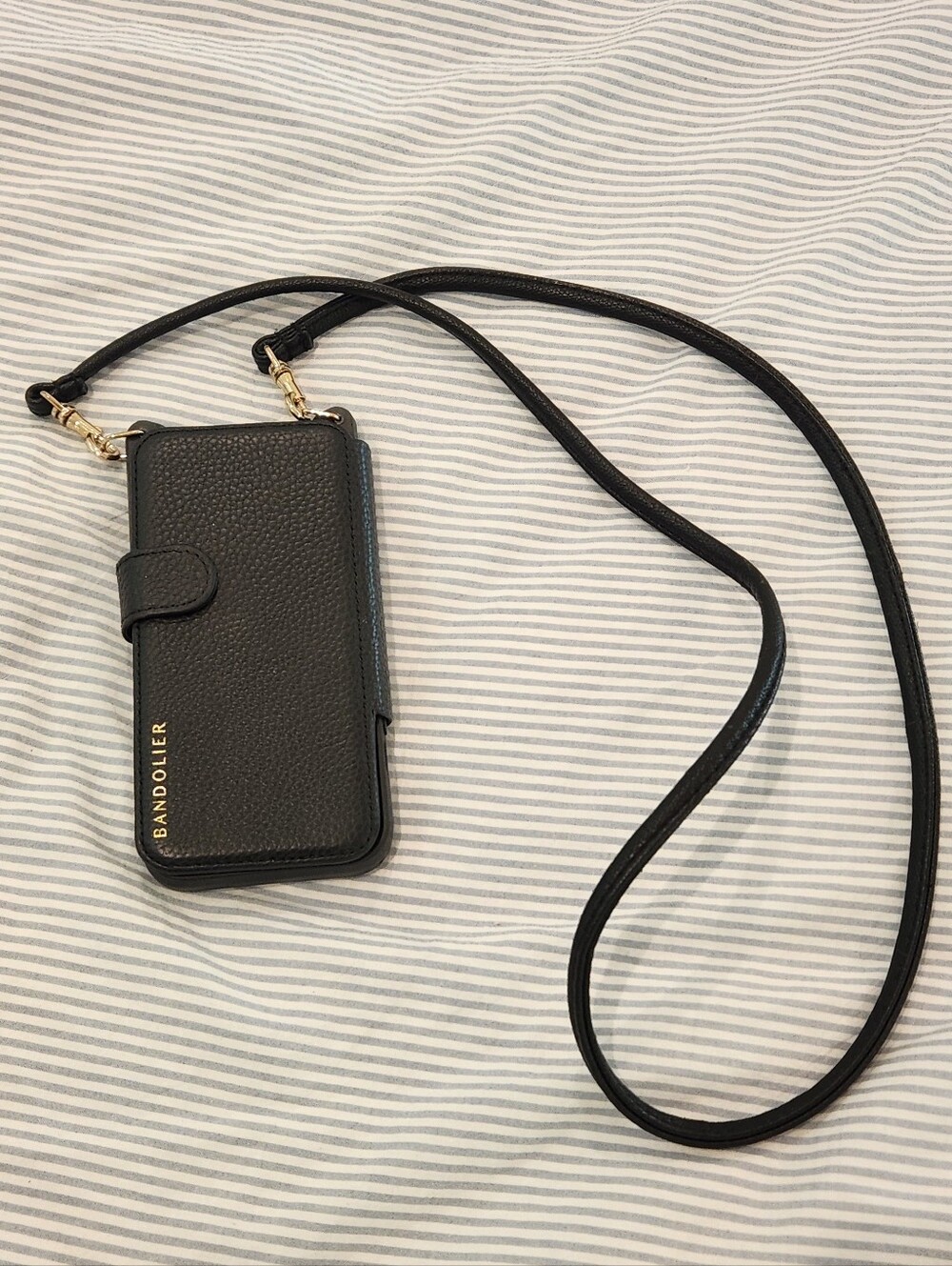 Bandolier Black Pebbled Leather Phone Case with Black Leather Strap